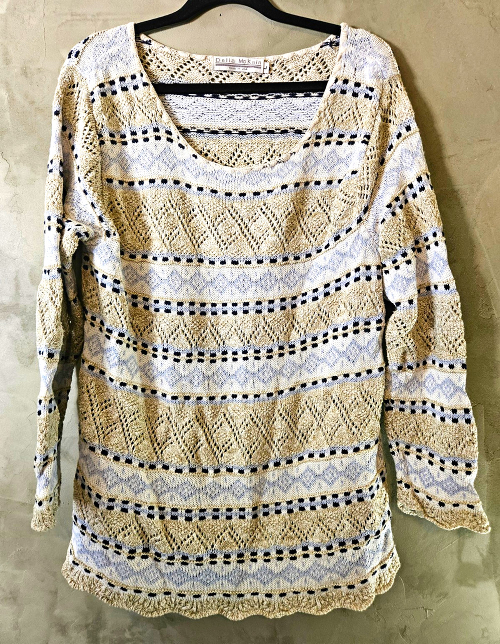 Vintage Delia McKain Womens Open-Knit Striped Scoop Neck Pullover Sweater Size L